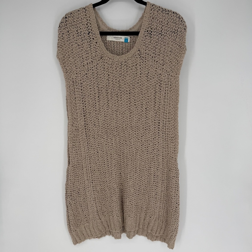 ANTHROPOLOGIE SPARROW OPEN KNIT SWEATER VEST TUNIC DRESS NO BELT SMALL BEIGE